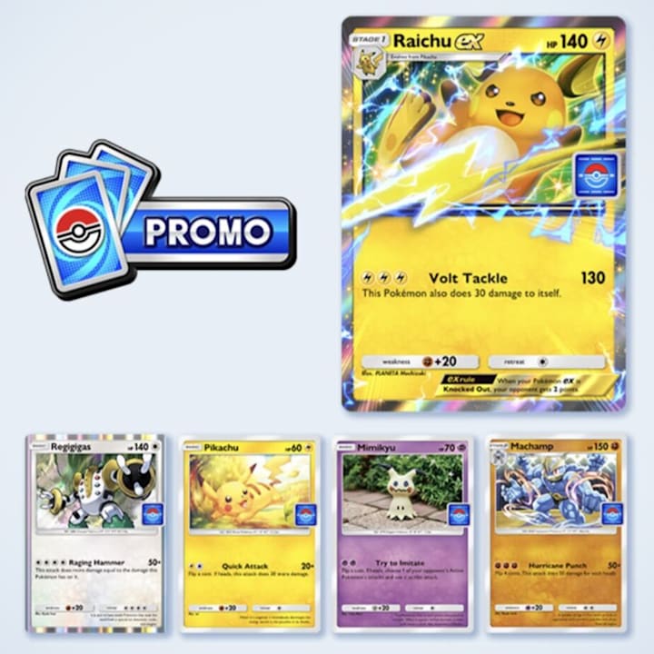 A pack containing five cards from TCG Pocket's Raichu ex drop event: Raichu ex, Regigigas, Pikachu, Mimikyu, and Machamp