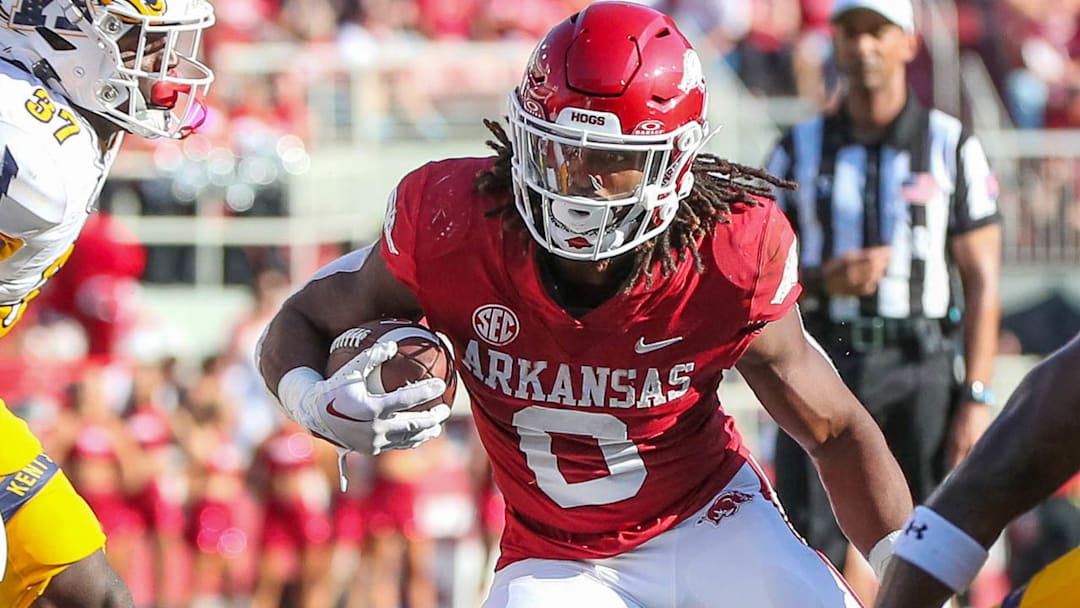 Arkansas Razorbacks AJ Green running against Kent State in a game from 2023 at Razorback Stadium in Fayetteville, Ark.
