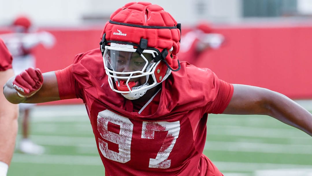 Arkansas Razorbacks defensive lineman Quincy Rhodes during spring practice drills on the outdoor fields in Fayetteville, Ark.