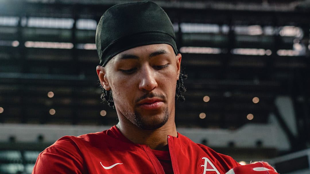 Arkansas Razorbacks TJ Pompey during practice at Globe Life Field in Arlington, Texas before the Shriners Children's College Showdown opener against Oklahoma State later.