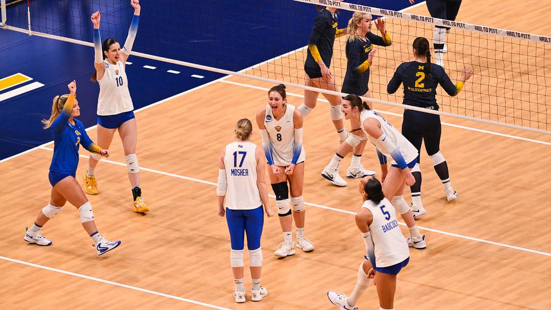 Pitt Volleyball Celebrates a Point in the Second Set of their Sweep of Michigan in the Second Round of the NCAA Tournament at the Petersen Events Center on Dec. 6, 2025