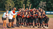 ECS celebrates after winning the Class 1A state softball championship 17-14 over Geneva of Casselberry on Wednesday, May 21, 2025.