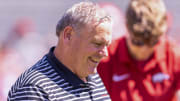 Arkansas Razorbacks coach Sam Pittman at the Red-White game in Razorback stadium April 13, 2024 in Fayetteville, Ark.