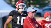 Arkansas Razorbacks offensive coordinator Bobby Petrino working with quarterback Taylen Green at Saturday's practice on the outdoor fields in Fayetteville, Ark.