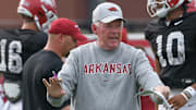 Arkansas Razorbacks offensive coordinator Bobby Petrino during a practice in Fayetteville, Ark.