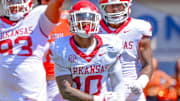 Arkansas Razorbacks linebacker Xavian Sorey celebrates after a play in a loss to Oklahoma State.