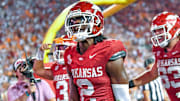 Arkansas Razorbacks wide receiver Andrew Armstrong celebrating winning touchdown against the Tennessee Volunteers at Razorback Stadium in Fayetteville, Ark.