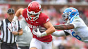 Arkansas Razorbacks tight end Isaac TeSlaa turns up field after making a catch against the Ole Miss Rebels at Razorback Stadium in Fayetteville, Ark.