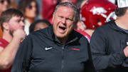 Arkansas Razorbacks coach Sam Pittman voices frustration on the sidelines against the Texas Longhorns at Razorback Stadium in Fayetteville, Ark.