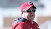 Arkansas Razorbacks tight ends coach Dowell Loggains during a spring practice in 2022 on the outdoor practice fields in Fayetteville, Ark.