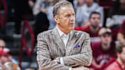 Arkansas Razorbacks coach John Calipari looks on in a game against the Florida Gators at Bud Walton Arena in Fayetteville, Ark.