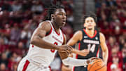 Arkansas Razorbacks forward Adou Thiero against the Georgia Bulldogs at Bud Walton Arena in Fayetteville, Ark.