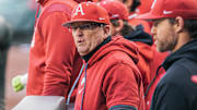 Arkansas Razorbacks coach Dave Van Horn in the dugout against Washington State on Friday afternoon in the second game of a doubleheader.