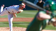 Arkansas Razorbacks pitcher Gabe Gaeckle in first inning against the Charlotte 49ers at Baum-Walker Stadium in Fayetteville, Ark.