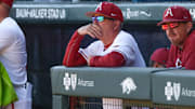 Arkansas Razorbacks coach Dave Van Horn in the dugout against the Charlotte 49ers at Baum-Walker Stadium in Fayetteville, Ark.