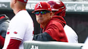 Arkansas Razorbacks coach Dave Van Horn in the dugout in a game against Louisiana-Monroe at Baum-Walker Stadium in Fayetteville, Ark.