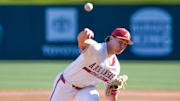 Arkansas Razorbacks pitcher Gabe Gaeckle delivers a pitch against the Portland Pilots at Baum-Walker Stadium in Fayetteville, Ark.