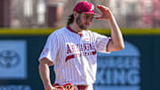 Arkansas Razorbacks pitcher Zach Root on the mound against the Charlotte 49ers at Baum-Walker Stadium in Fayetteville, Ark.