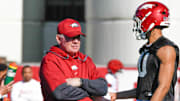 Arkansas Razorbacks offensive coordinator Bobby Petrino at spring practice on outdoor practice fields in Fayetteville, Ark.