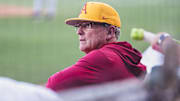Arkansas Razorbacks coach Dave Van Horn in the dugout against Central Arkansas at Baum-Walker Stadium in Fayetteville, Ark.