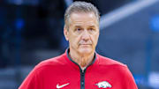 Arkansas Razorbacks coach John Calipari on the floor at the Chase Center in San Francisco during practice for a Sweet 16 NCAA Tournament game against the Texas Tech Red Raiders.