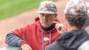 Arkansas Razorbacks coach Dave Van Horn in the dugout against the Missouri Tigers at Baum-Walker Stadium in Fayetteville, Ark.
