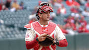 Arkansas Razorbacks catcher Ryder Helfrick against the Missouri Tigers at Baum-Walker Stadium in Fayetteville, Ark.