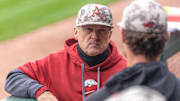 Arkansas Razorbacks coach Dave Van Horn in the dugout against the Missouri Tigers at Baum-Walker Stadium in Fayetteville, Ark.
