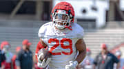 Arkansas Razorbacks running back Tyrell Reed Jr. during spring practice drills inside Razorback Stadium in Fayetteville, Ark.