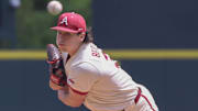 Arkansas Razorbacks pitcher Landon Beidelschies throws against the Texas Longhorns at Baum-Walker Stadium in Fayetteville, Ark.