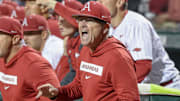 Arkansas Razorbacks coach Dave Van Horn from the dugout against the Texas Longhorns at Baum-Walker Stadium in Fayetteville Ark.