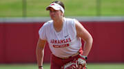 Arkansas Razorbacks first baseman Bri Ellis during practice before starting play in the Fayetteville Regional of the NCAA Tournament at Bogle Park in Fayetteville, Ark., on Friday against Saint Louis.