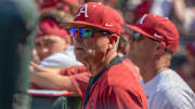 Arkansas Razorbacks coach Dave Van Horn in dugout of  NCAA Regrional against the North Dakota State Bison at Baum-Walker Stadium in Fayetteville, Ark.