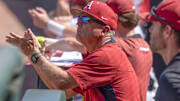 Arkansas Razorbacks coach Dave Van Horn in dugout of  NCAA Regional against the North Dakota State Bison at Baum-Walker Stadium in Fayetteville, Ark.