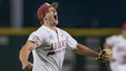 Arkansas Razorbacks pitcher Gage Wood reacts after a strikeout against the Creighton Bluejays in a win in the Fayetteville Regional of the NCAA Tournament at Baum-Walker Stadium in Fayetteville, Ark.