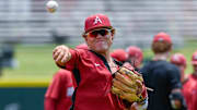 Arkansas Razorbacks infielder Cam Kozeal during practice for the Super Regional against the Tennessee Volunteers on Friday afternoon at Baum-Walker Stadium in Fayetteville, Ark.