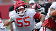 Arkansas Razorbacks offensive lineman Fernando Carmona during drills during preseason practices in Fayetteville, Ark.