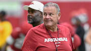 Arkansas Razorbacks coach Sam Pittman overseeing a preseason practice at the indoor practice center in Fayetteville, Ark.