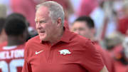 Arkansas Razorbacks athletics director Hunter Yurachek on the sidelines against the Arkansas State Red Wolves at War Memorial Stadium in Little Rock, Ark.