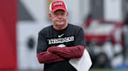 Arkansas Razorbacks coach Bobby Petrino during fall camp practices at the indoor center in Fayetteville, Ark.