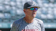 Arkansas Razorbacks coach Dave Van Horn in fall scrimmage at Baum-Walker Stadium.
