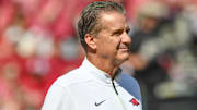 Arkansas Razorbacks coach John Calipari before a football game with the Notre Dame Fighting Irish at Razorback Stadium in Fayetteville, Ark. 