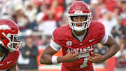 Arkansas Razorbacks quarterback KJ Jackson on the field against the Texas A&M Aggies at Razorback Stadium in Fayetteville, Ark.