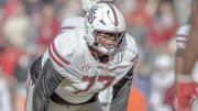 Mississippi State Bulldogs offensive lineman Jayvin Q. James against the Arkansas Razorbacks at Razorback Stadium in Fayetteville, Ark.