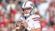 Mississippi State Bulldogs quarterback Blake Shapen against the Arkansas Razorbacks at Razorback Stadium in Fayetteville, Ark.
