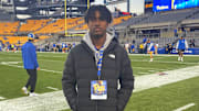 Javien Robinson stands on the sidelines during a recruiting visit Oct. 24, 2024 at Acrisure Stadium.