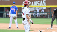 Razorbacks' Peyton Holt reacts to crowd after home run against Florida