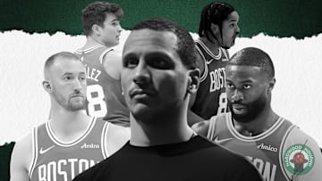 Joe Mazzulla, Sam Hauser, Jaylen Brown, Hugo Gonzalez, and Josh Minott