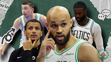 Derrick White, Joe Mazzulla, Payton Pritchard, and Jaylen Brown.