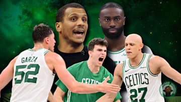 Joe Mazzulla, Jaylen Brown, Luka Garza, Hugo Gonzalez, and Jordan Walsh.